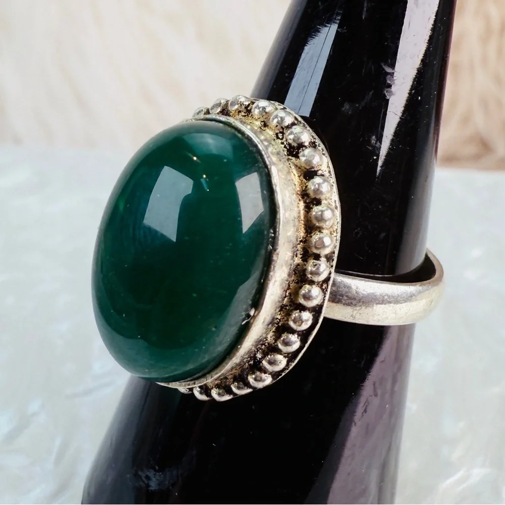 925 stamped silver overlay and green ring size 8